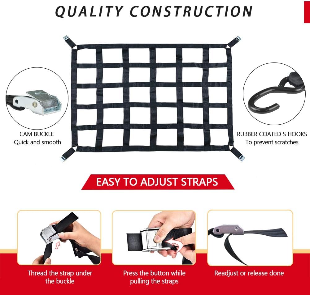 Surmountway Cargo Net for Pickup Truck Bed(42" x 50"), Truck Bed Cargo Net with Capacity 1100LBS, Heavy Duty Cargo Nets with Adjustable Cam Buckles & S-Hooks, Truck Cargo Net for Trailer Trucks-4