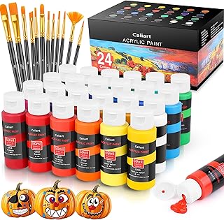 Caliart Acrylic Paint Set With 12 Brushes, 24 Colors (59ml, 2oz) Art Craft Paints Gifts for Artists Kids Beginners & Painters, Halloween Pumpkin Canvas Ceramic Rock Painting Kit Art Supplies