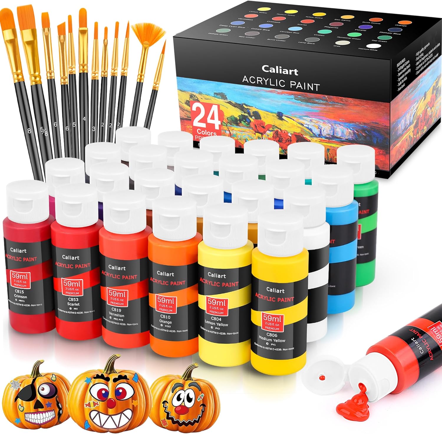 Caliart Acrylic Paint Set With 12 Brushes, 24 Colors (59ml, 2oz) Art Craft Paints Gifts for Artists Kids Beginners & Painters, Halloween Pumpkin Canvas Ceramic Rock Painting Kit Art Supplies-0