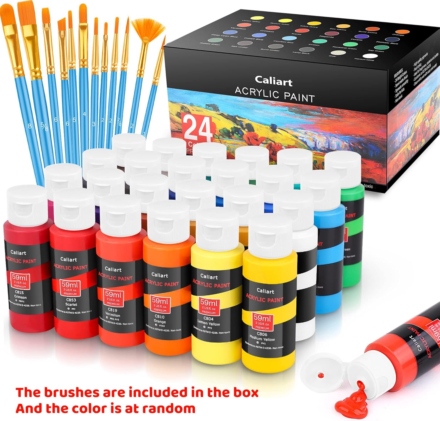 Caliart Acrylic Paint Set With 12 Brushes, 24 Colors (59ml, 2oz) Art Craft Paints Gifts for Artists Kids Beginners & Painters, Halloween Pumpkin Canvas Ceramic Rock Painting Kit Art Supplies-1