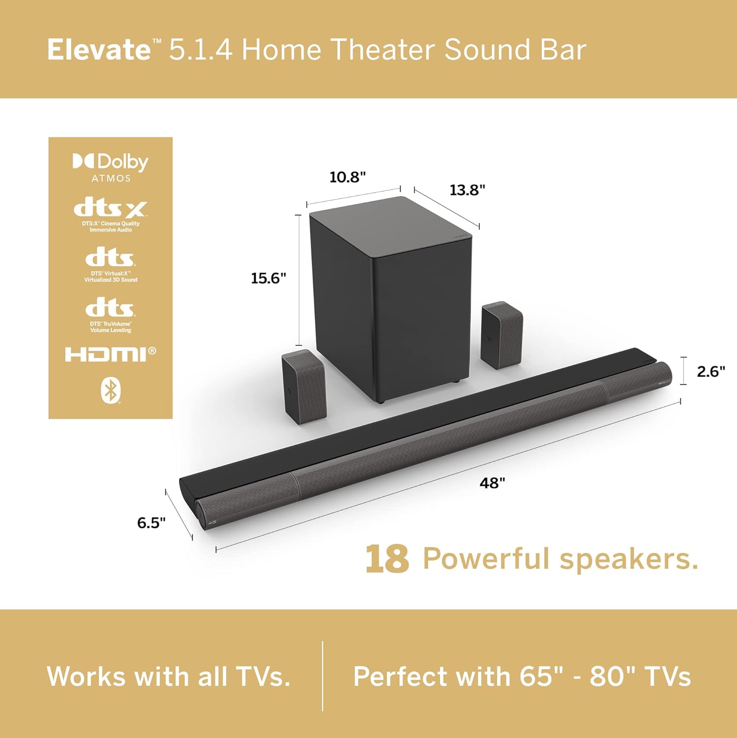 VIZIO Elevate Sound Bar for TV, Home Theater Surround Sound System for TV with Subwoofer and Bluetooth, P514a-H6 5.1.4-1