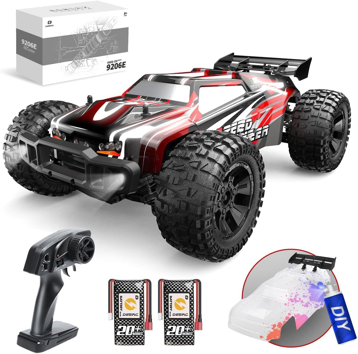 DEERC 9206E DIY Extra Shell 1:10 Scale Large RC Cars,48+ KM/H Hobby Grade High Speed Remote Control Car for Adults Boys,All Terrain 4WD 2.4GHz Off Road Monster RC Truck with 2 Battery for 40+ Min Play-0