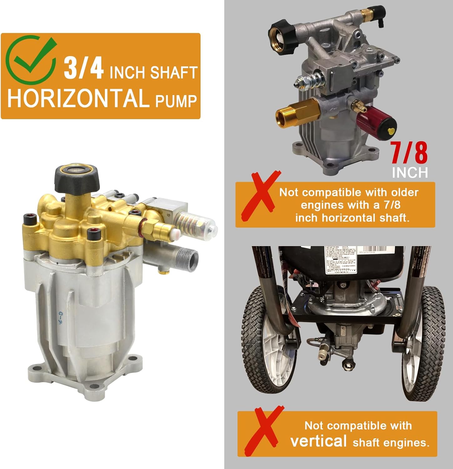 Surmountway Horizontal 3/4" Shaft Pressure Washer Pump, MAX 3400 PSI 2.5 GPM Replacement Power Washer Pumps, Brass Head Power Washer Pump Fits Honda, B&S, Homelite, Waspper etc Gas Engine Power Washer-1