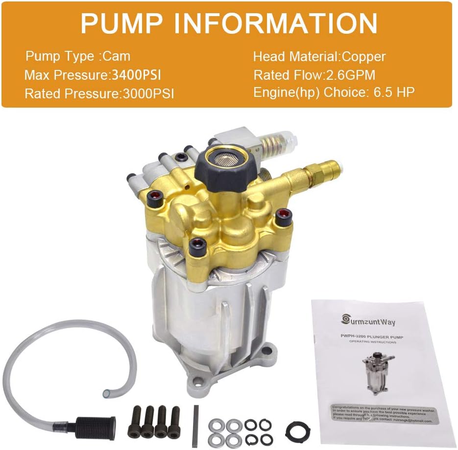 Surmountway Horizontal 3/4" Shaft Pressure Washer Pump, MAX 3400 PSI 2.5 GPM Replacement Power Washer Pumps, Brass Head Power Washer Pump Fits Honda, B&S, Homelite, Waspper etc Gas Engine Power Washer-7