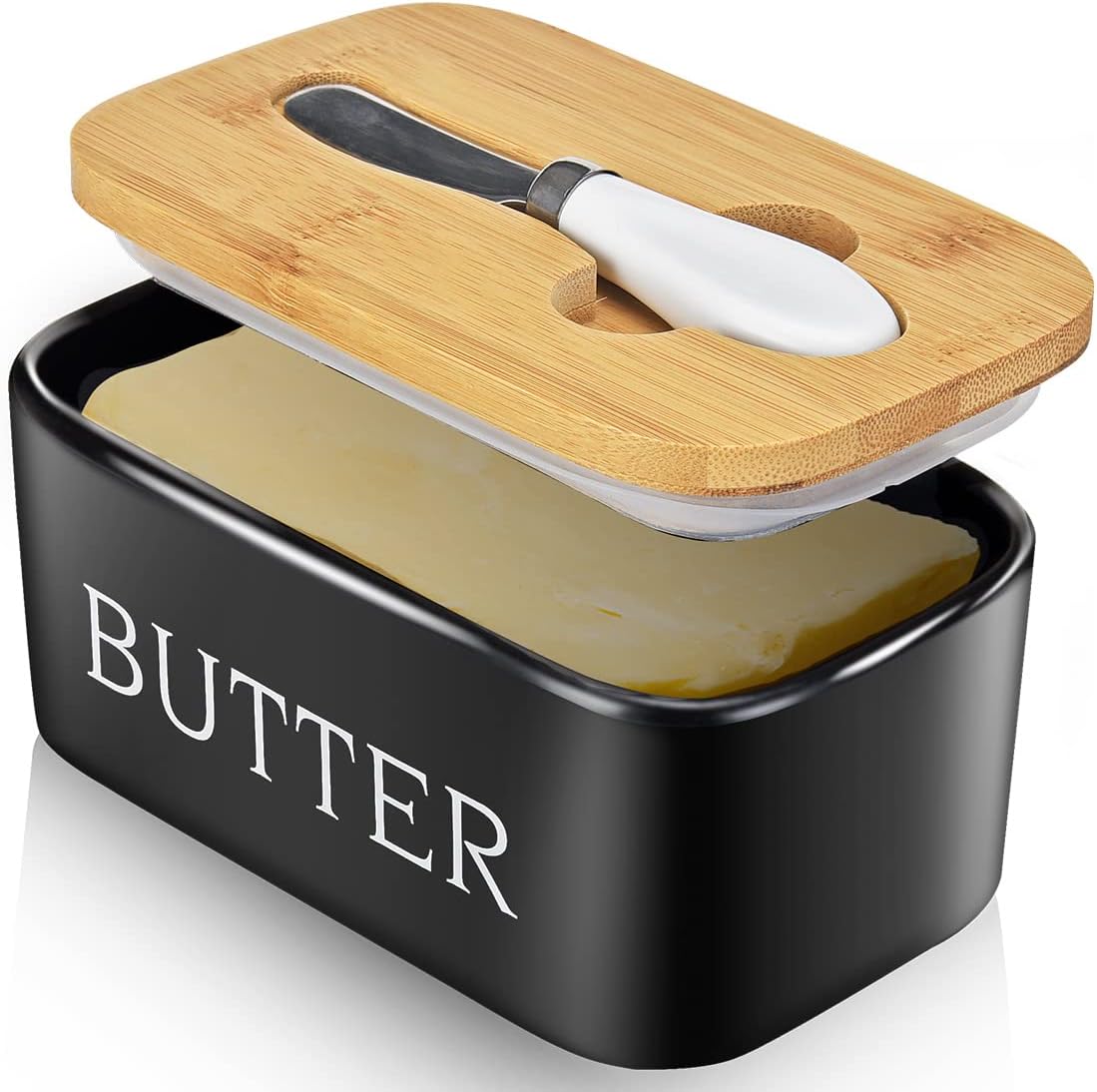 Butter Dish with Lid, Large Butter Dish for Countertop,Ceramic Butter Keeper Container with Knife and High-Quality Silicone Sealing Butter Dish for Home Decor Good Kitchen Gift Black-0