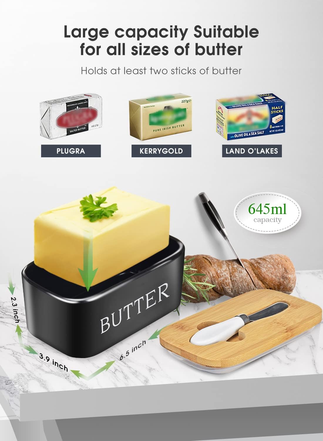 Butter Dish with Lid, Large Butter Dish for Countertop,Ceramic Butter Keeper Container with Knife and High-Quality Silicone Sealing Butter Dish for Home Decor Good Kitchen Gift Black-2