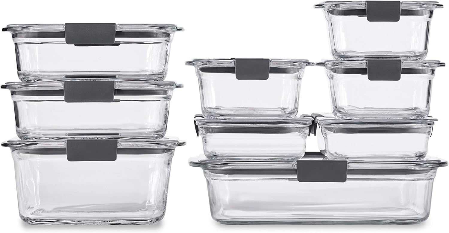 Rubbermaid Brilliance Glass Storage Food Containers with Lids (18 Pieces Total), Set of 9 (Varied Sizes), Clear, 9 Count-0