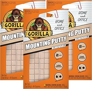 Gorilla Mounting Putty, Non-Toxic Hanging Adhesive, Removeable & Repositionable, 84 Pre-Cut Squares, 3pk - 2oz/56g, Natural Tan Color, (Pack of 3)