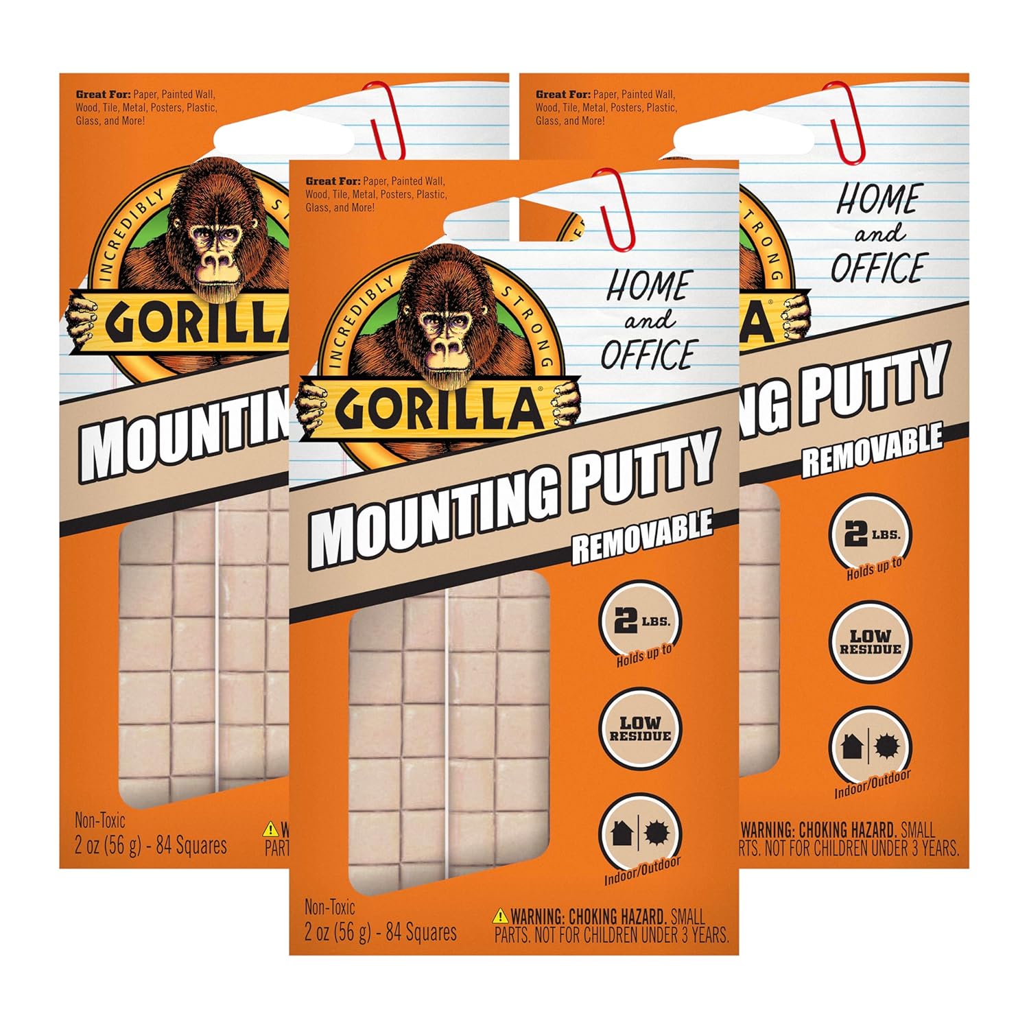 Gorilla Mounting Putty, Non-Toxic Hanging Adhesive, Removeable & Repositionable, 84 Pre-Cut Squares, 3pk - 2oz/56g, Natural Tan Color, (Pack of 3)-0