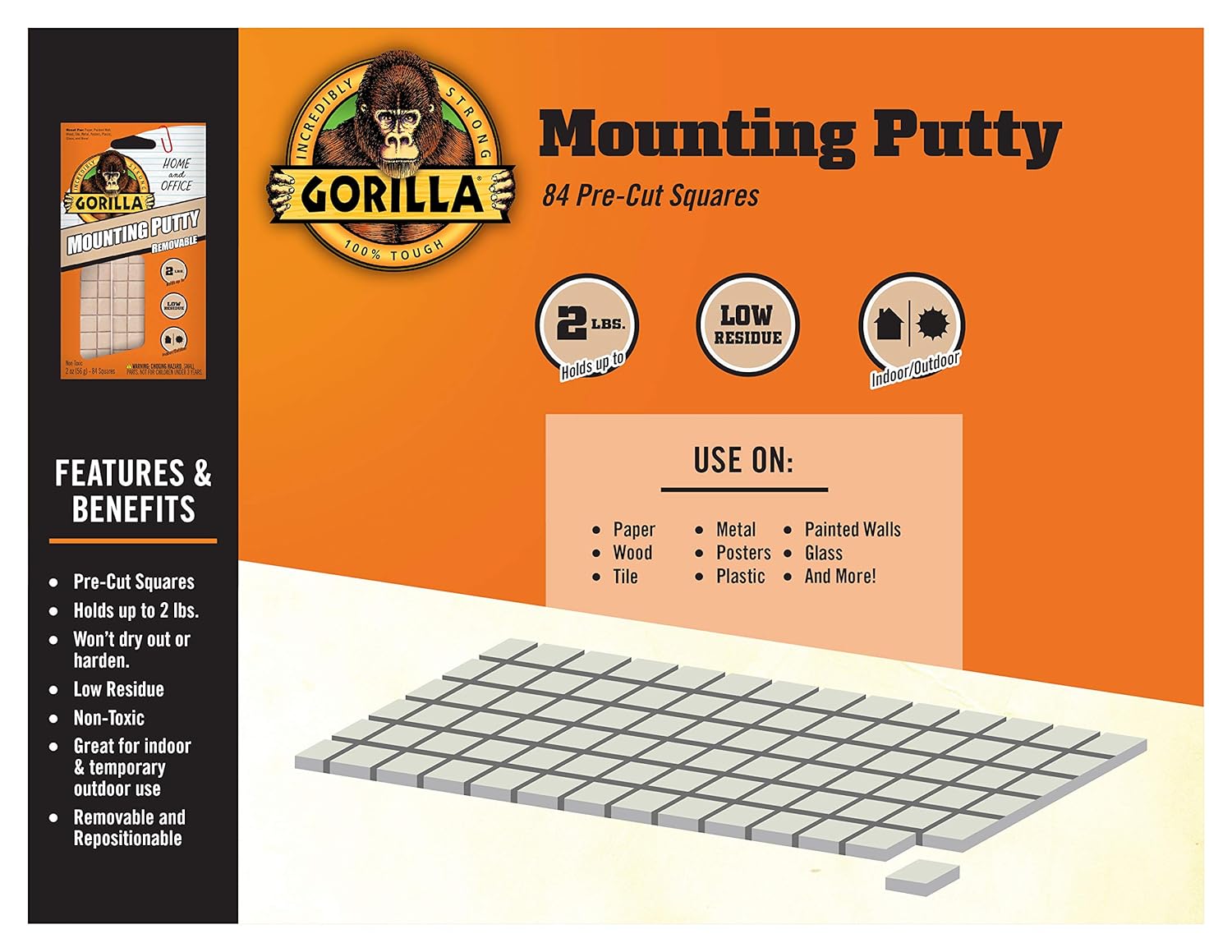 Gorilla Mounting Putty, Non-Toxic Hanging Adhesive, Removeable & Repositionable, 84 Pre-Cut Squares, 3pk - 2oz/56g, Natural Tan Color, (Pack of 3)-1