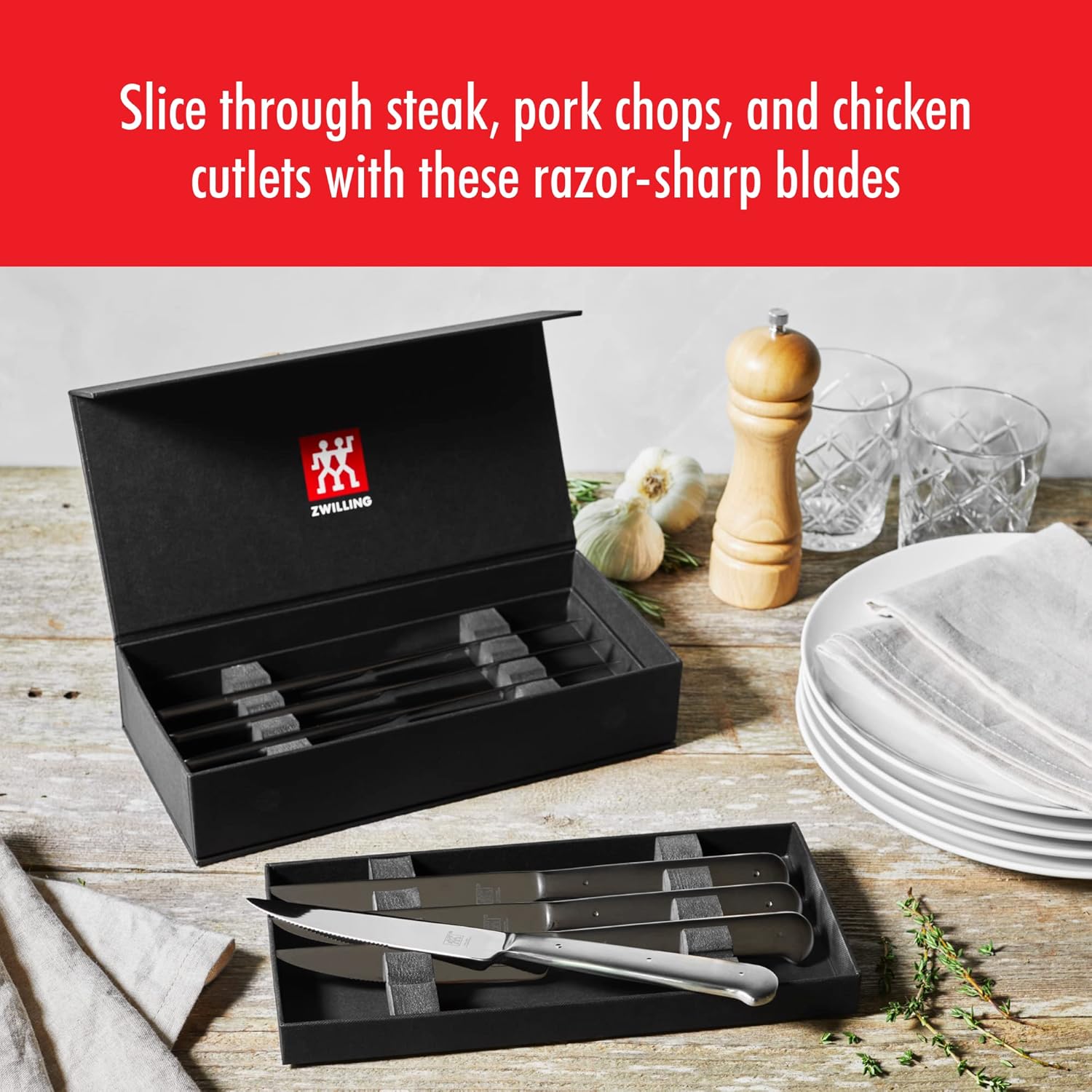 ZWILLING Porterhouse Razor-Sharp Steak Knife Set of 8 with Black Presentation Case, Gift Set, Silver-1