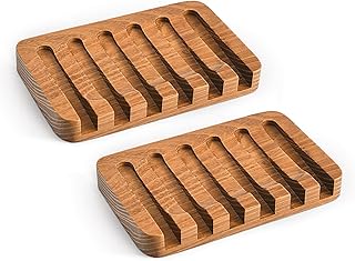 SUBEKYU Wooden Soap Dishes for Bathroom/Shower, Bar Soap Holder with Self Draining Tray, Natural Waterfall Drain Soap Saver, Teak (2P)