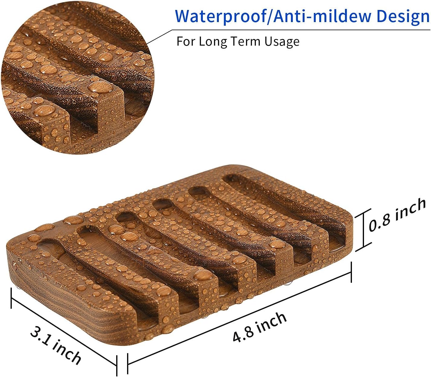 SUBEKYU Wooden Soap Dishes for Bathroom/Shower, Bar Soap Holder with Self Draining Tray, Natural Waterfall Drain Soap Saver, Teak (2P)-3