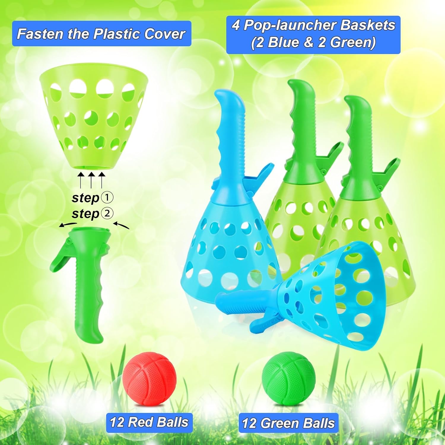 Duckura Outdoor Indoor Game Activities for Kids, Pop-Pass-Catch Ball Game with 4 Catch Launcher Baskets and 24 Balls, Halloween Party Favors Beach Sport Toys for Kids Age 5 6 7 8 9+-2