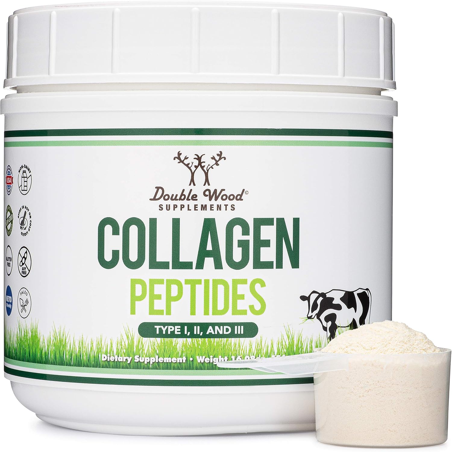 Collagen Peptides Powder - Hydrolyzed Collagen, Keto Safe - 16.08oz - Multi Type 1, 2, and 3 (Grass Fed Bovine Source)(Colageno Hidrolizado) Collagen Supplements for Women and Men by Double Wood-0