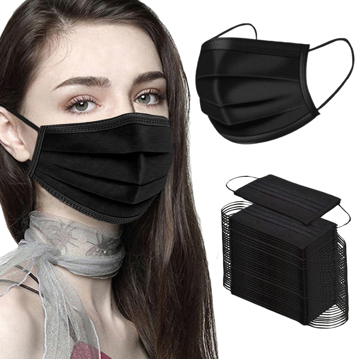 NNPCBT Black Disposable Face Masks 50PCS 3 Ply-0