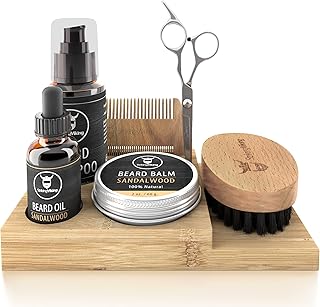 Striking Viking Beard Grooming Kit - Premium Care Products for Men with Beard Shampoo, Oil, Balm Butter, Brush, Wooden Comb, Mustache Scissors (7 Peice Set, Sandalwood w/Caddy)