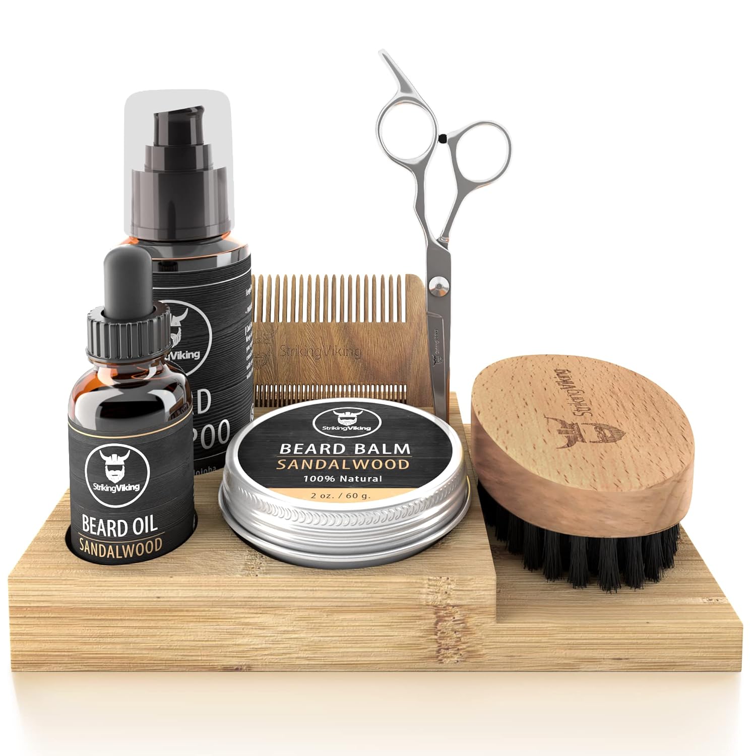 Striking Viking Beard Grooming Kit - Premium Care Products for Men with Beard Shampoo, Oil, Balm Butter, Brush, Wooden Comb, Mustache Scissors (7 Peice Set, Sandalwood w/Caddy)-0