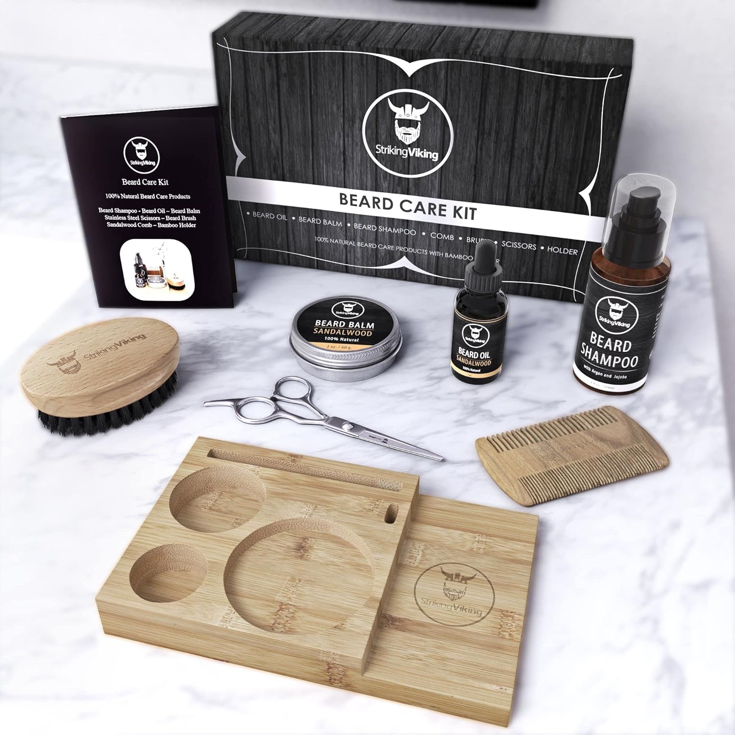 Striking Viking Beard Grooming Kit - Premium Care Products for Men with Beard Shampoo, Oil, Balm Butter, Brush, Wooden Comb, Mustache Scissors (7 Peice Set, Sandalwood w/Caddy)-1