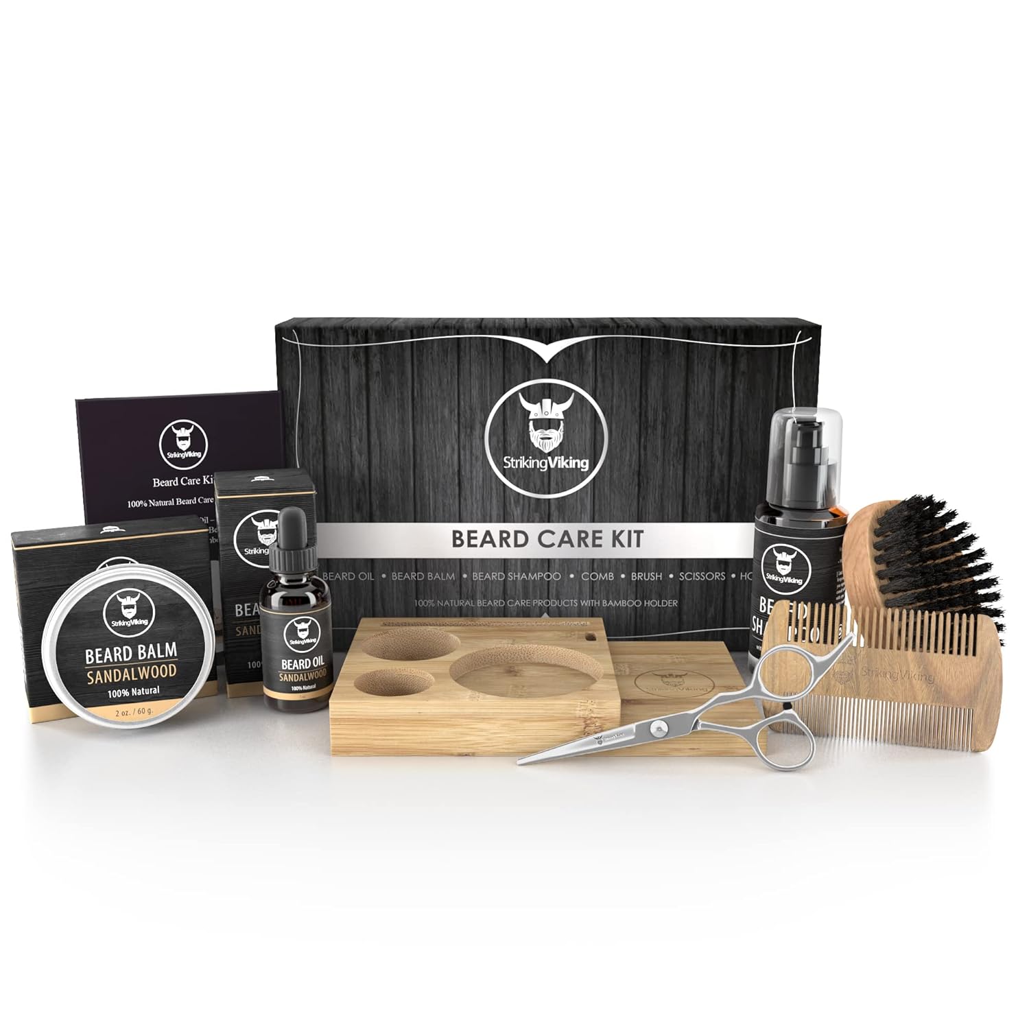 Striking Viking Beard Grooming Kit - Premium Care Products for Men with Beard Shampoo, Oil, Balm Butter, Brush, Wooden Comb, Mustache Scissors (7 Peice Set, Sandalwood w/Caddy)-6