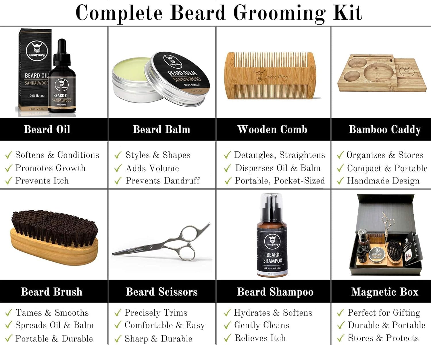 Striking Viking Beard Grooming Kit - Premium Care Products for Men with Beard Shampoo, Oil, Balm Butter, Brush, Wooden Comb, Mustache Scissors (7 Peice Set, Sandalwood w/Caddy)-8