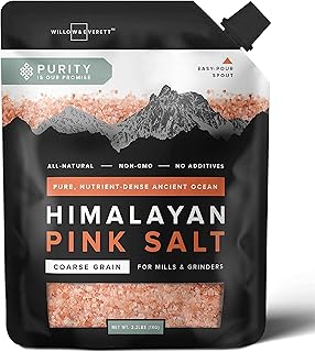 Willow & Everett Pink Himalayan Salt - 2.2lb / 1kg - Coarse Grain Grinder & Mill Refill, Easy Pour Spout, Non-GMO - Kosher Rock Salt For Cooking