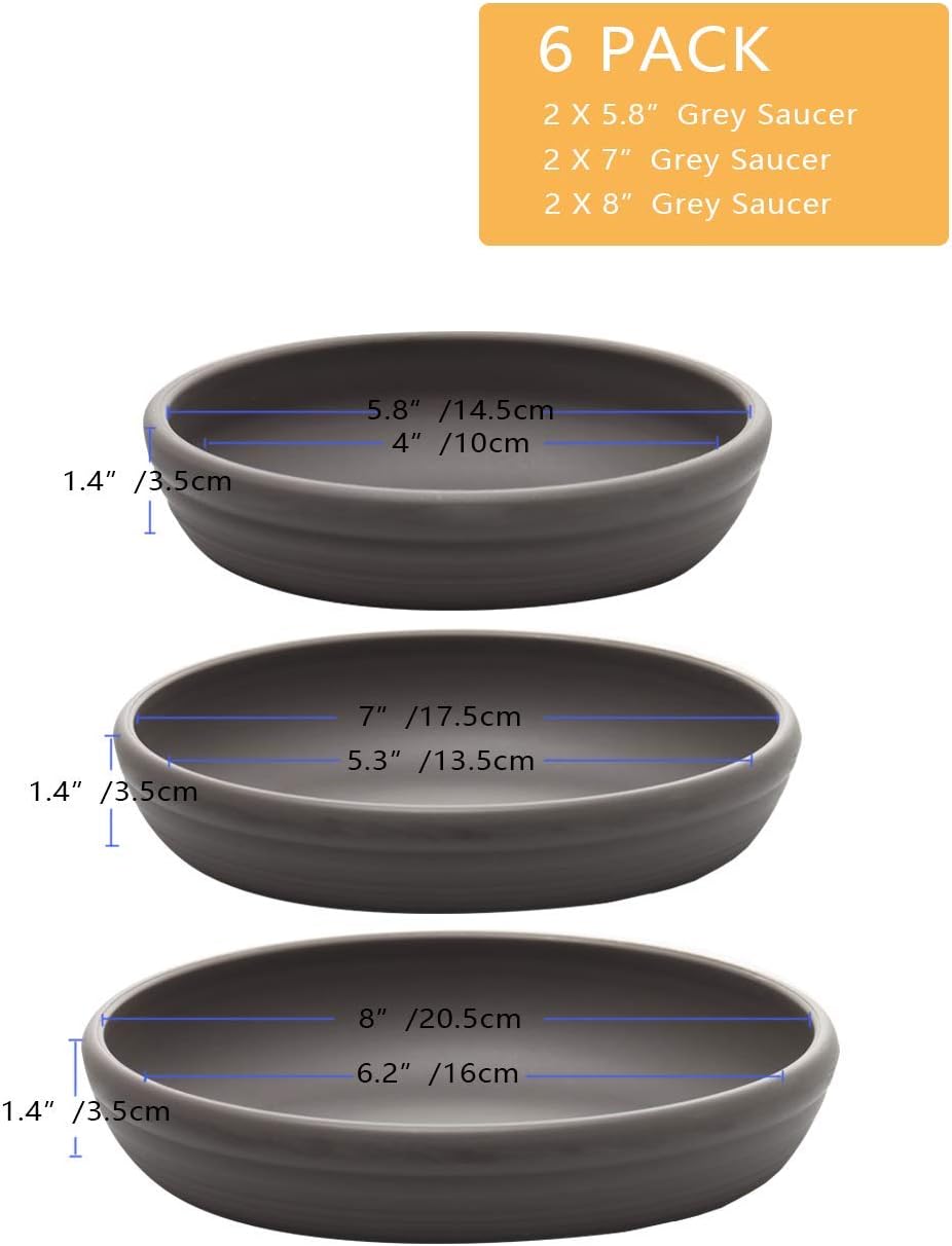 SAROSORA Round Plastic Plant Saucer Drip Tray 7" Set of 6 for Indoor Outdoor Home Garden Flower Plant Container Flower Pot Pallets ((5.8''+7"+8'') x2, Dark Grey)-2