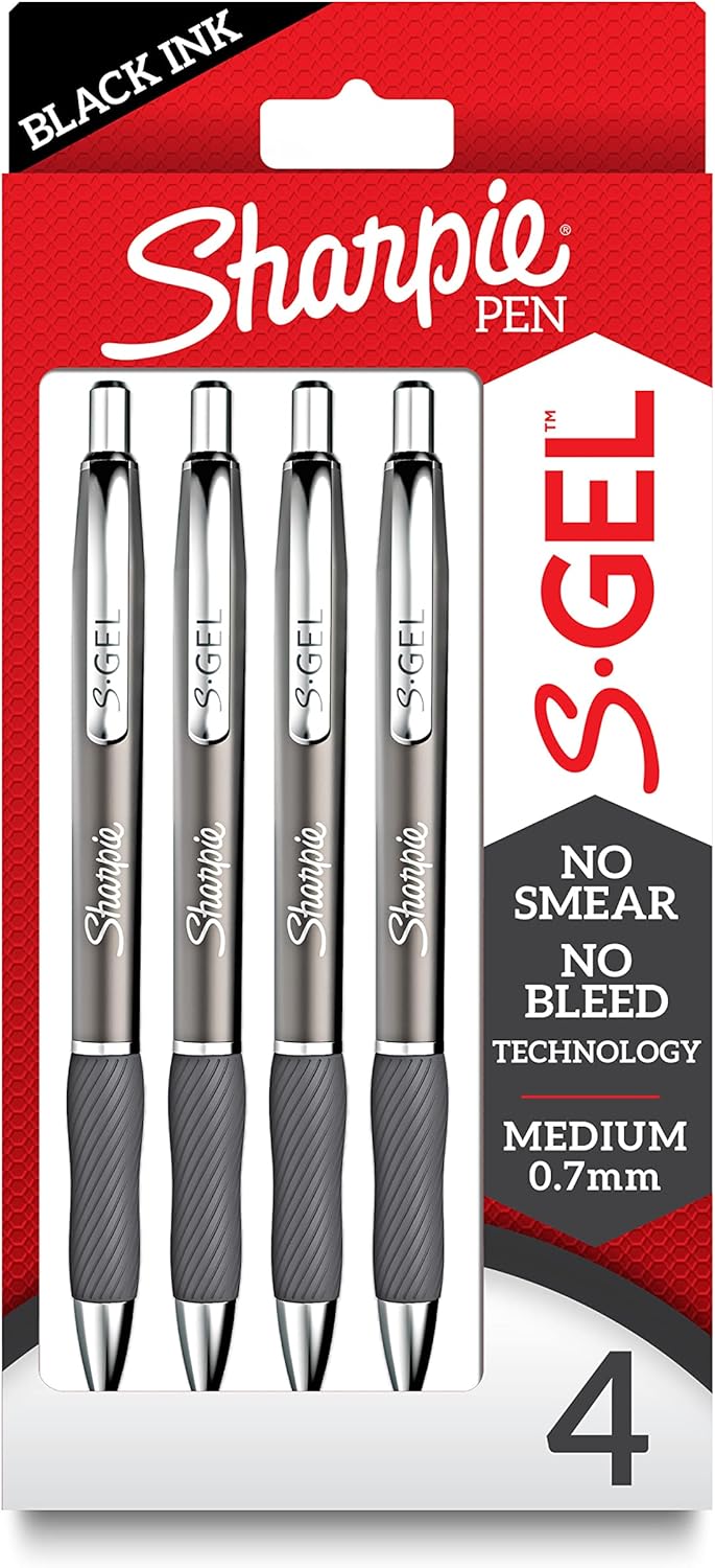 Sharpie S-Gel, Gel Pens, Sleek Metal Barrel, Gunmetal, Medium Point (0.7mm), Black Ink, 4 Count-0