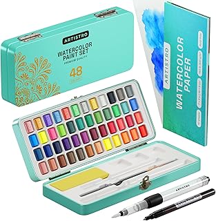 ARTISTRO Watercolor Paint Set, 48 Vivid Colors in Portable Box, Palette set, Including Metallic and Fluorescent Colors. Perfect Travel Watercolor Set for Artists, Amateur Hobbyists and Painting Lovers