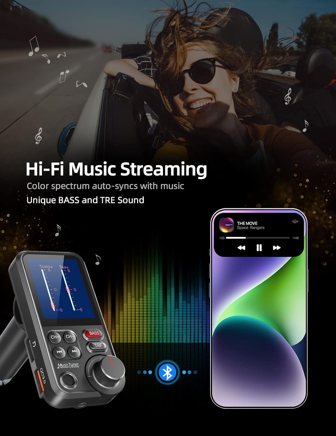 Nulaxy FM Bluetooth Transmitter for Car, Strong Microphone Bluetooth Car Adapter with 1.8" Color Screen for Hands-Free Calls, Supports QC3.0 Charging, Treble and Bass Sound Music Player- KM30-3