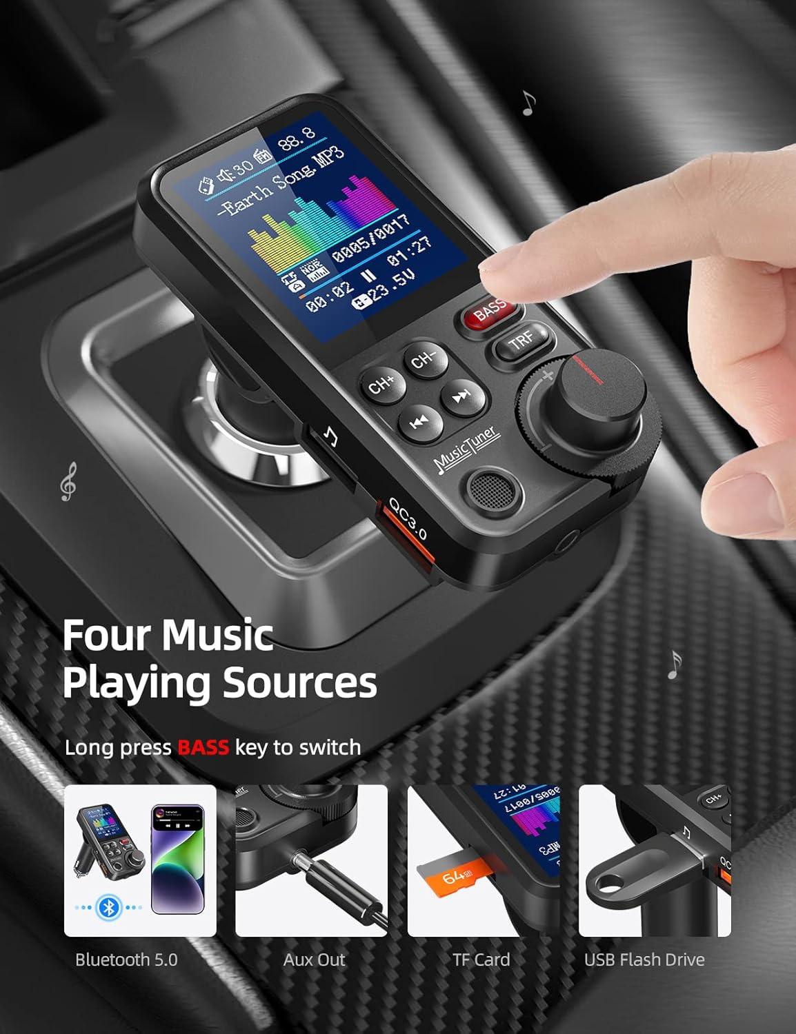 Nulaxy FM Bluetooth Transmitter for Car, Strong Microphone Bluetooth Car Adapter with 1.8" Color Screen for Hands-Free Calls, Supports QC3.0 Charging, Treble and Bass Sound Music Player- KM30-4