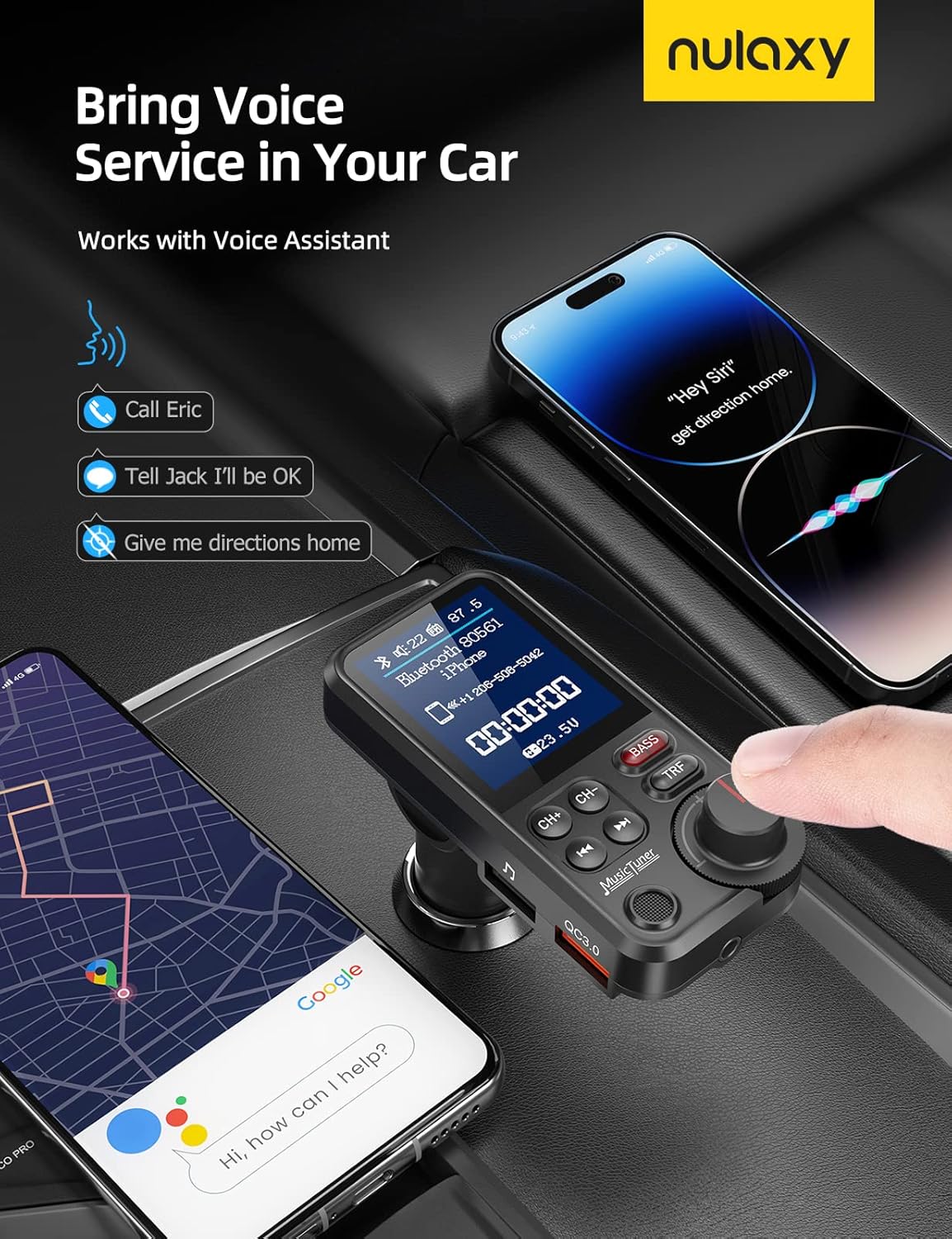 Nulaxy FM Bluetooth Transmitter for Car, Strong Microphone Bluetooth Car Adapter with 1.8" Color Screen for Hands-Free Calls, Supports QC3.0 Charging, Treble and Bass Sound Music Player- KM30-5