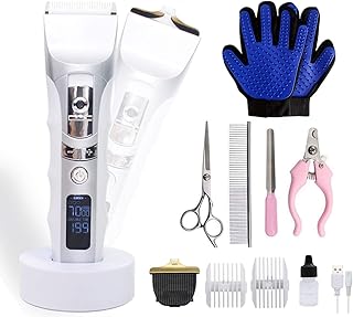 JAKEMY Dog Clippers Low Noise Pet Clippers Rechargeable Dog Trimmer Cordless Pet Grooming Tool with Pet Glooming Glove Comb Guides Scissors Nail Kits LED Screen for Dogs Cats & Others