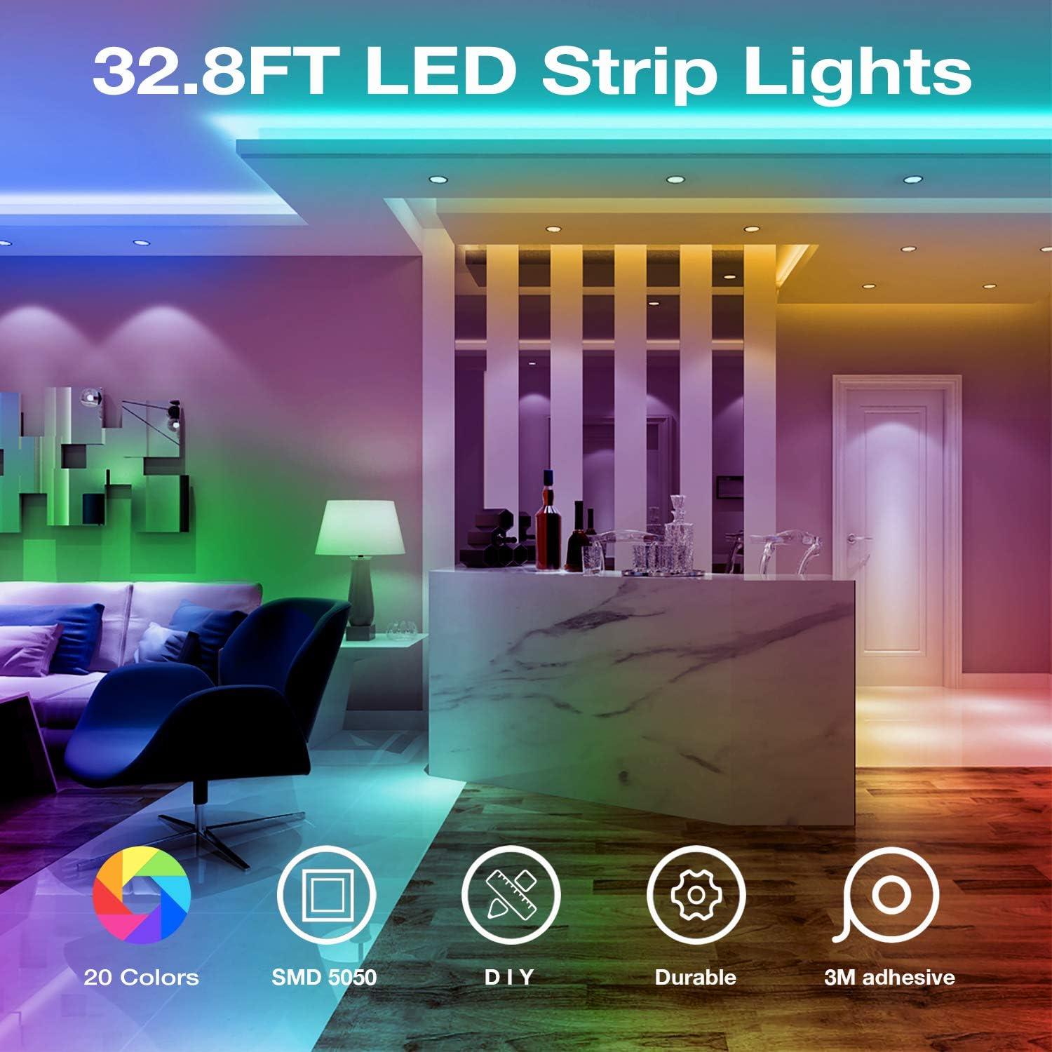 DAYBETTER Led Strip Lights 32.8ft Kit with Remote and Power Supply Color Changing-1