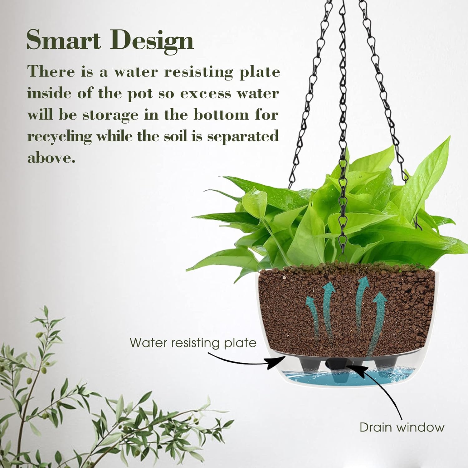 SAROSORA 8'' Self Watering Hanging Basket Planter for Outdoor Indoor Plants Flowers Herbs Planters(2-Pack, 8'')-3