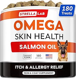 STRELLALAB Omega 3 for Dogs - (180Ct) Fish Oil Treats - Allergy & Itch Relief Skin&Coat Supplement - Dry Itchy Skin, Shedding, Hot Spots Treatment, Anti Itch - Pet Salmon Oil Chews - Chicken Flavor