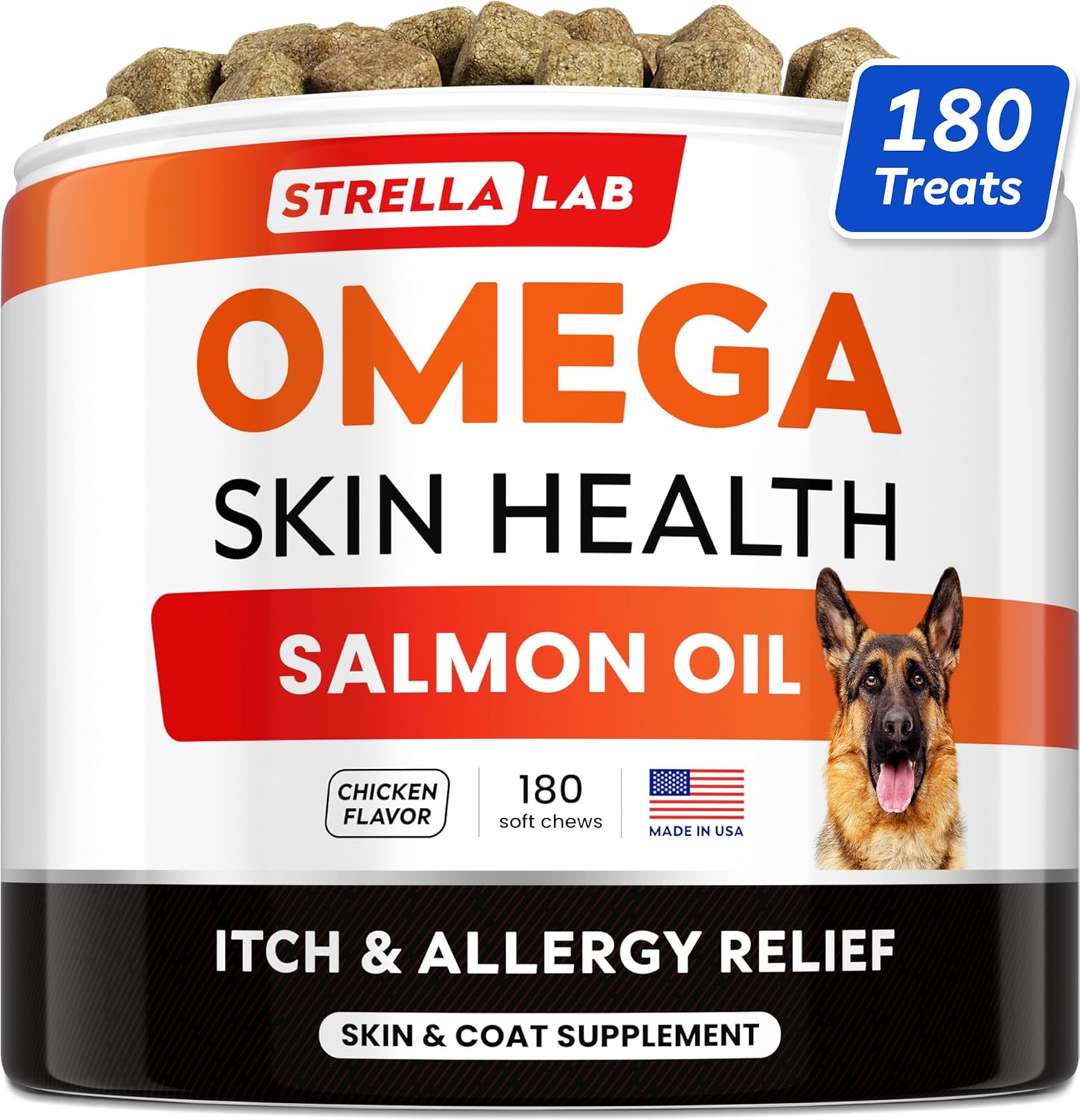 STRELLALAB Omega 3 for Dogs - (180Ct) Fish Oil Treats - Allergy & Itch Relief Skin&Coat Supplement - Dry Itchy Skin, Shedding, Hot Spots Treatment, Anti Itch - Pet Salmon Oil Chews - Chicken Flavor-0