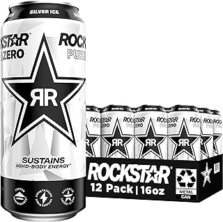 Rockstar Pure Zero Energy Drink, Silver Ice, 0 Sugar, with Caffeine and Taurine, 16oz Cans (Pack of 12) (Packaging May Vary)