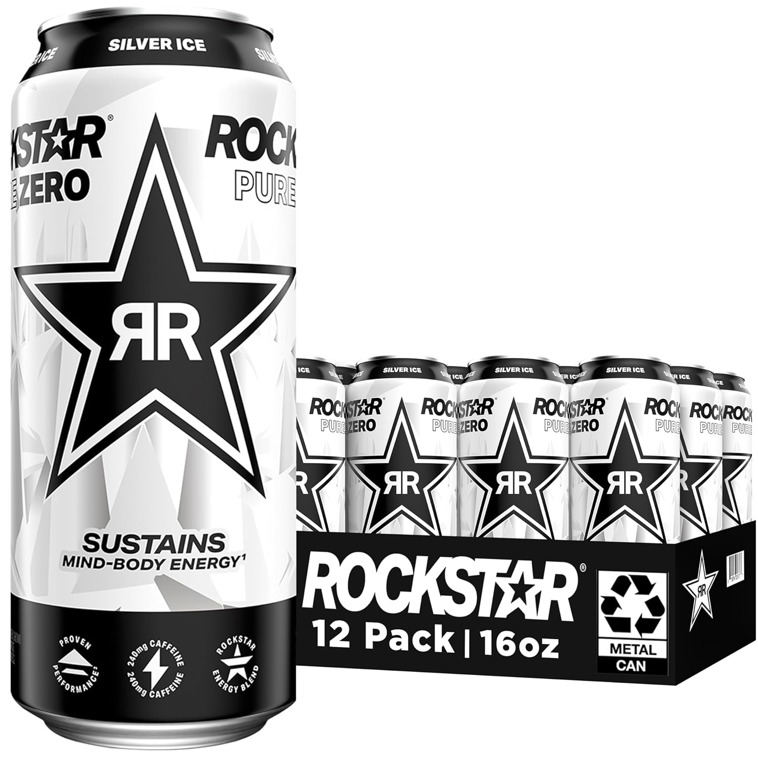 Rockstar Pure Zero Energy Drink, Silver Ice, 0 Sugar, with Caffeine and Taurine, 16oz Cans (Pack of 12) (Packaging May Vary)-0