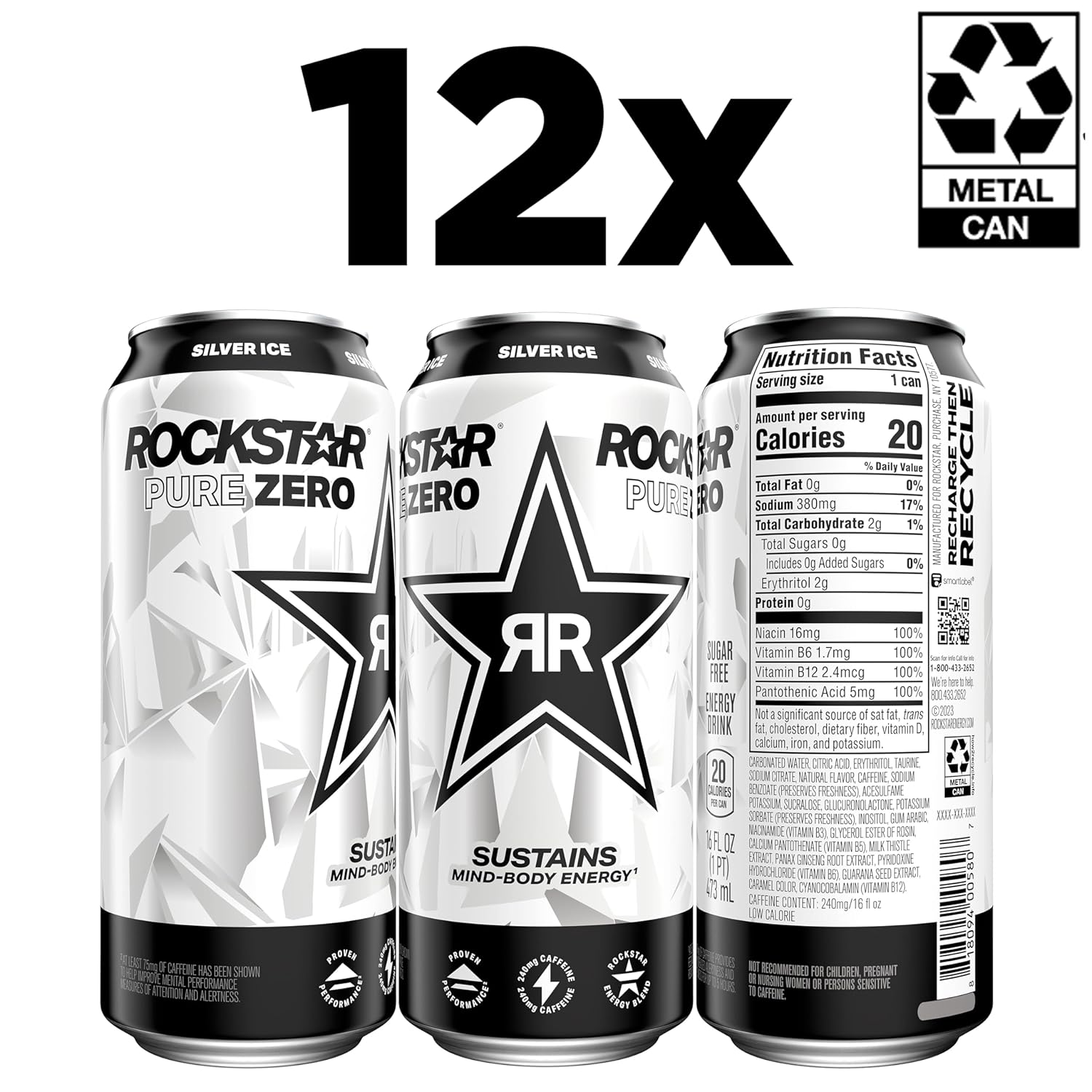 Rockstar Pure Zero Energy Drink, Silver Ice, 0 Sugar, with Caffeine and Taurine, 16oz Cans (Pack of 12) (Packaging May Vary)-1