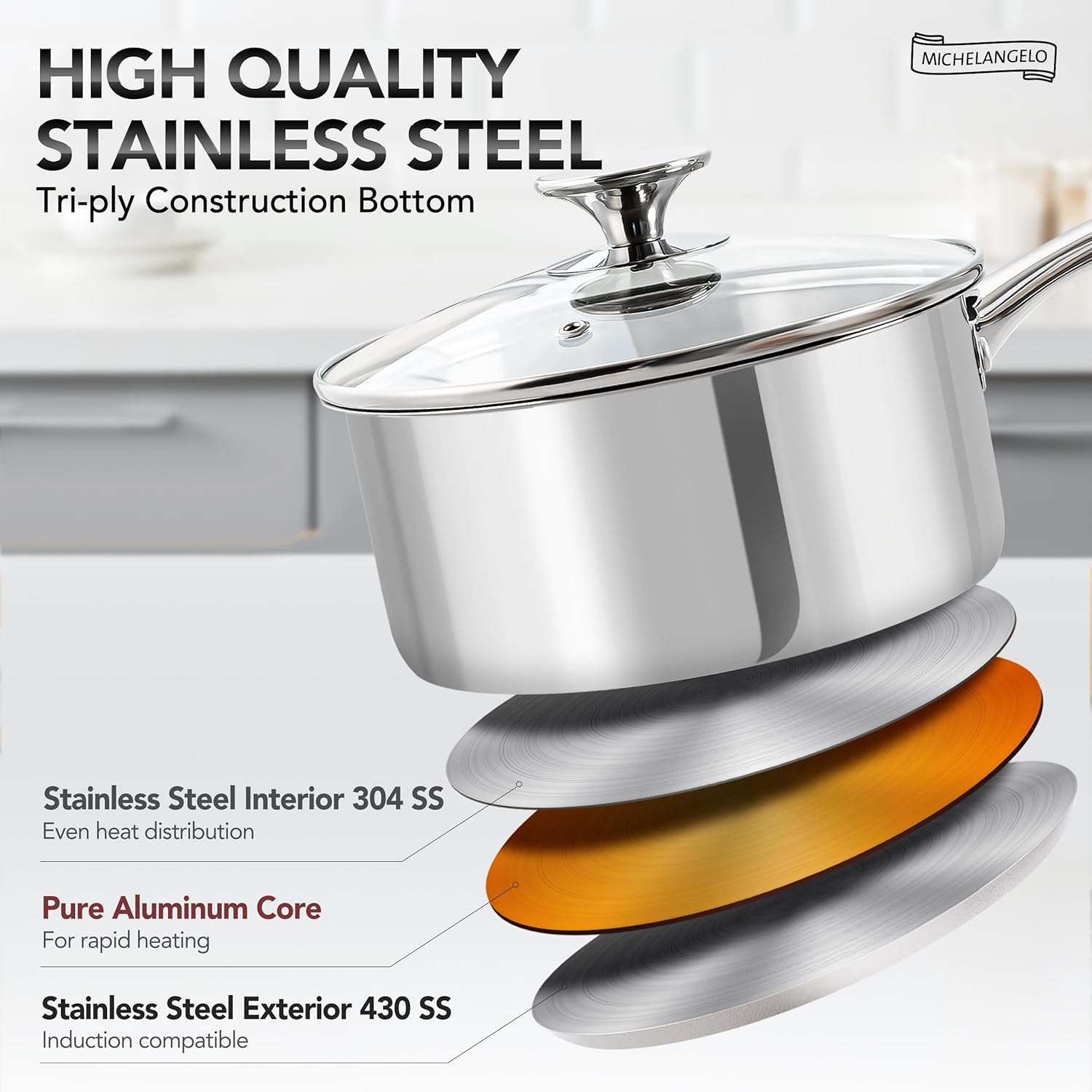 MICHELANGELO 2 Piece Stainless Steel Saucepan Set - 1Qt & 2Qt, Premium German Technology Sauce Pans, Induction Compatible 18/10 Stainless Steel-4