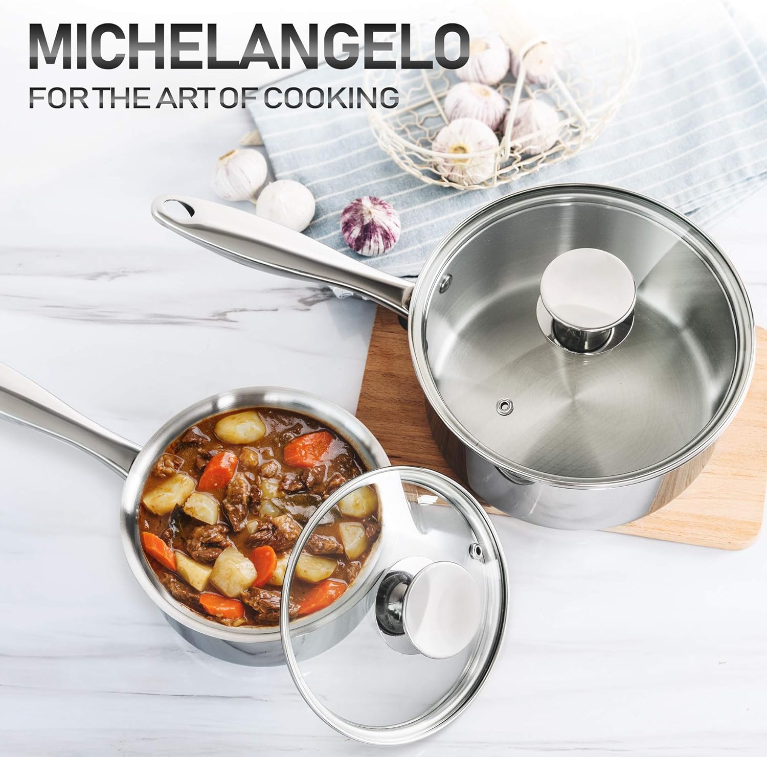 MICHELANGELO 2 Piece Stainless Steel Saucepan Set - 1Qt & 2Qt, Premium German Technology Sauce Pans, Induction Compatible 18/10 Stainless Steel-6