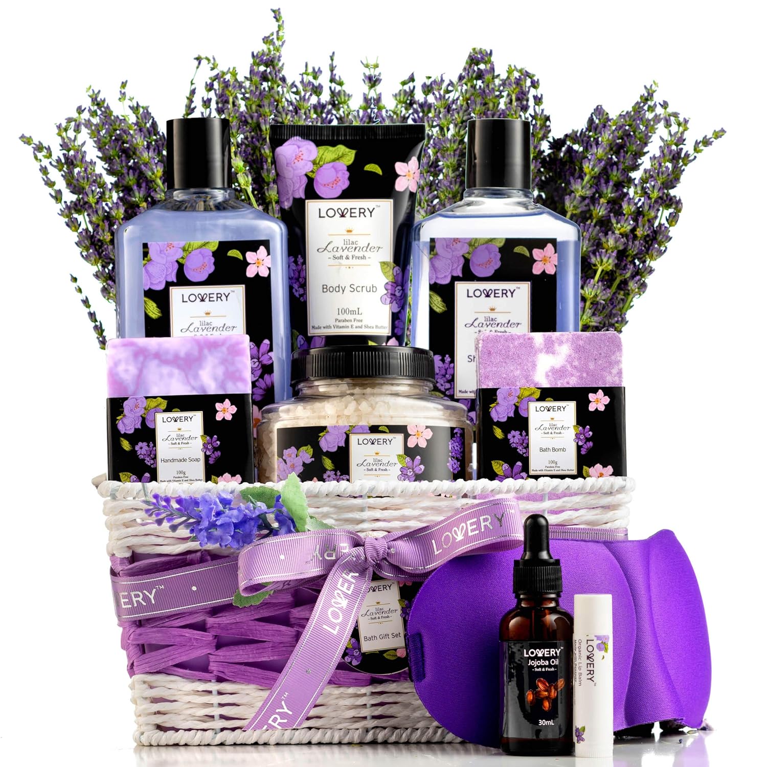 Birthday Gift Basket, Lavender & Lilac Spa Gift Basket For Women & Men - Handmade Soap, Potpourri, Bath Bomb, Jojoba Oil, Organic Lip Balm & More - Stress Relief Set, Bath & Body Self Care Package-0