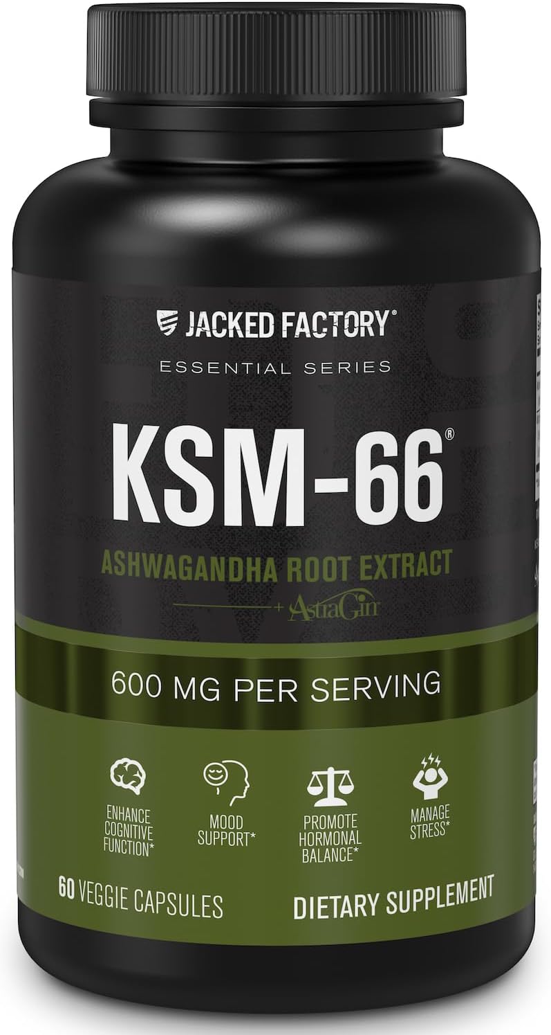 Jacked Factory Ashwagandha Root Extract (KSM-66 Ashwagandha) w/ 5% Withanolides - Supplement for Natural Stress Relief, Cognitive Function, Vitality, and Mood Support - 60 Veggie Capsules-0