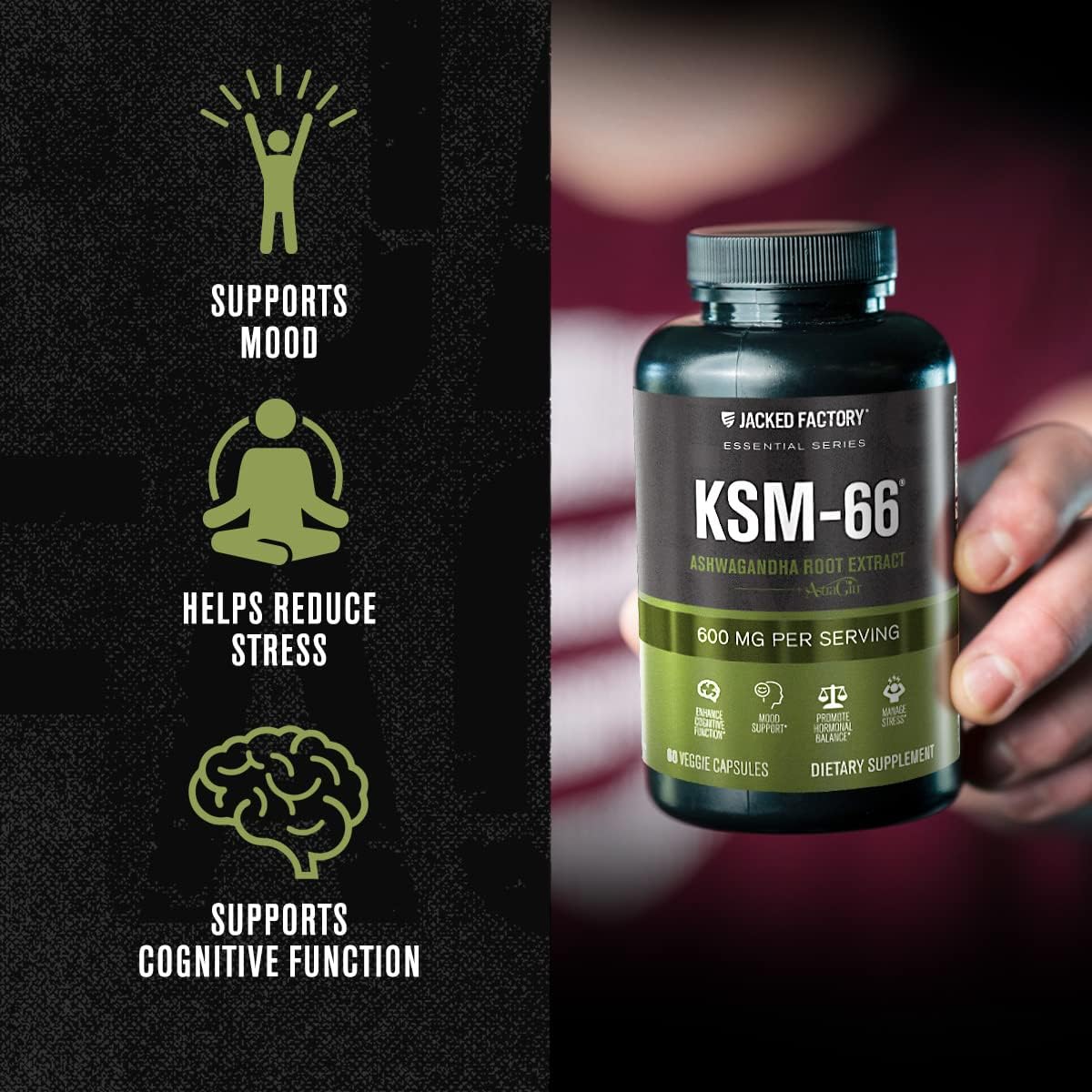 Jacked Factory Ashwagandha Root Extract (KSM-66 Ashwagandha) w/ 5% Withanolides - Supplement for Natural Stress Relief, Cognitive Function, Vitality, and Mood Support - 60 Veggie Capsules-2