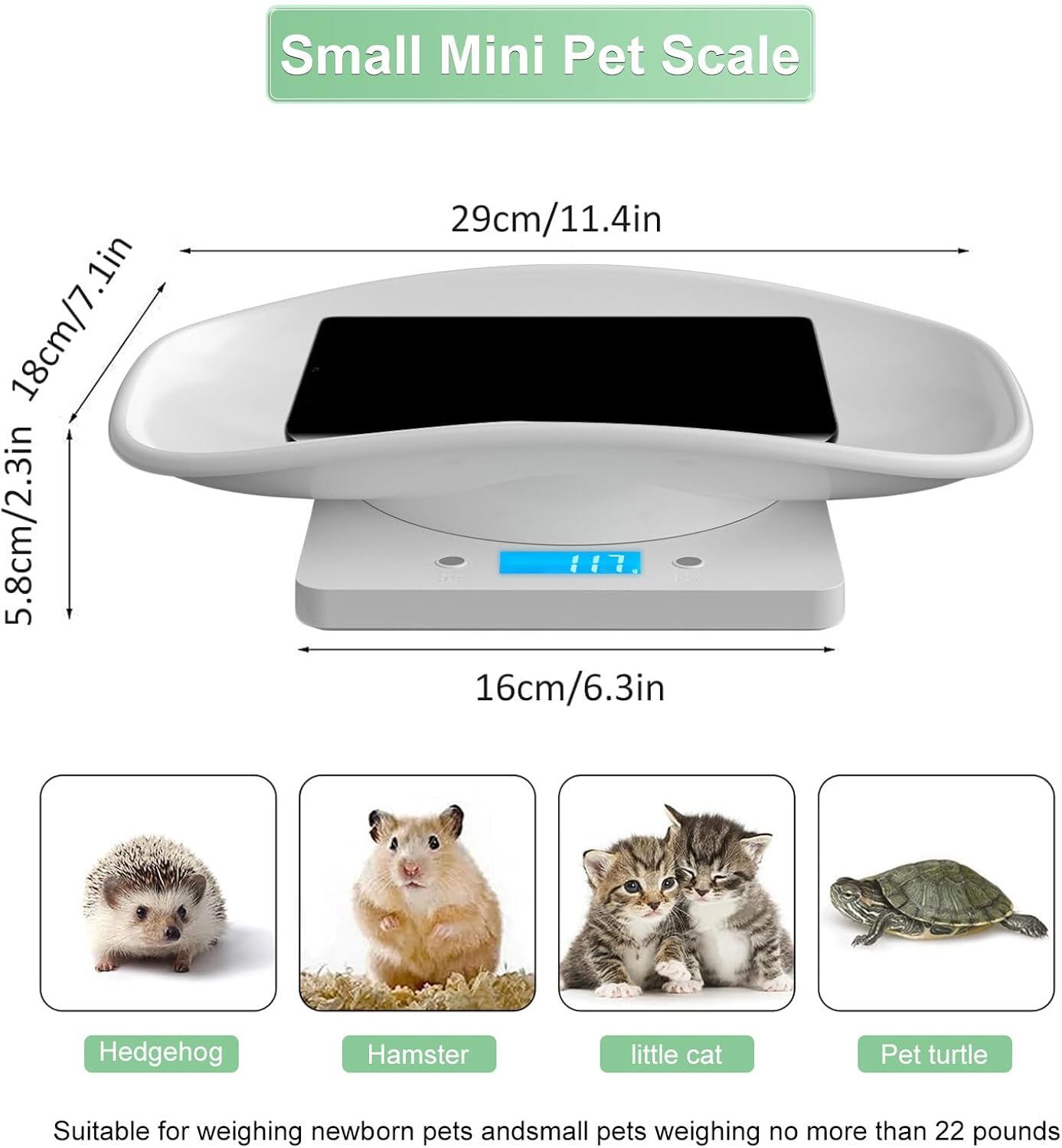 Digital Pet Scale, Multi-Function LCD Scale Digital Weight with Height Tray Measure Accurately, Perfect for Puppy/Kitten/Hamster/Hedgehog/Food, Capacity up to 22 lb, Length 11inch-1