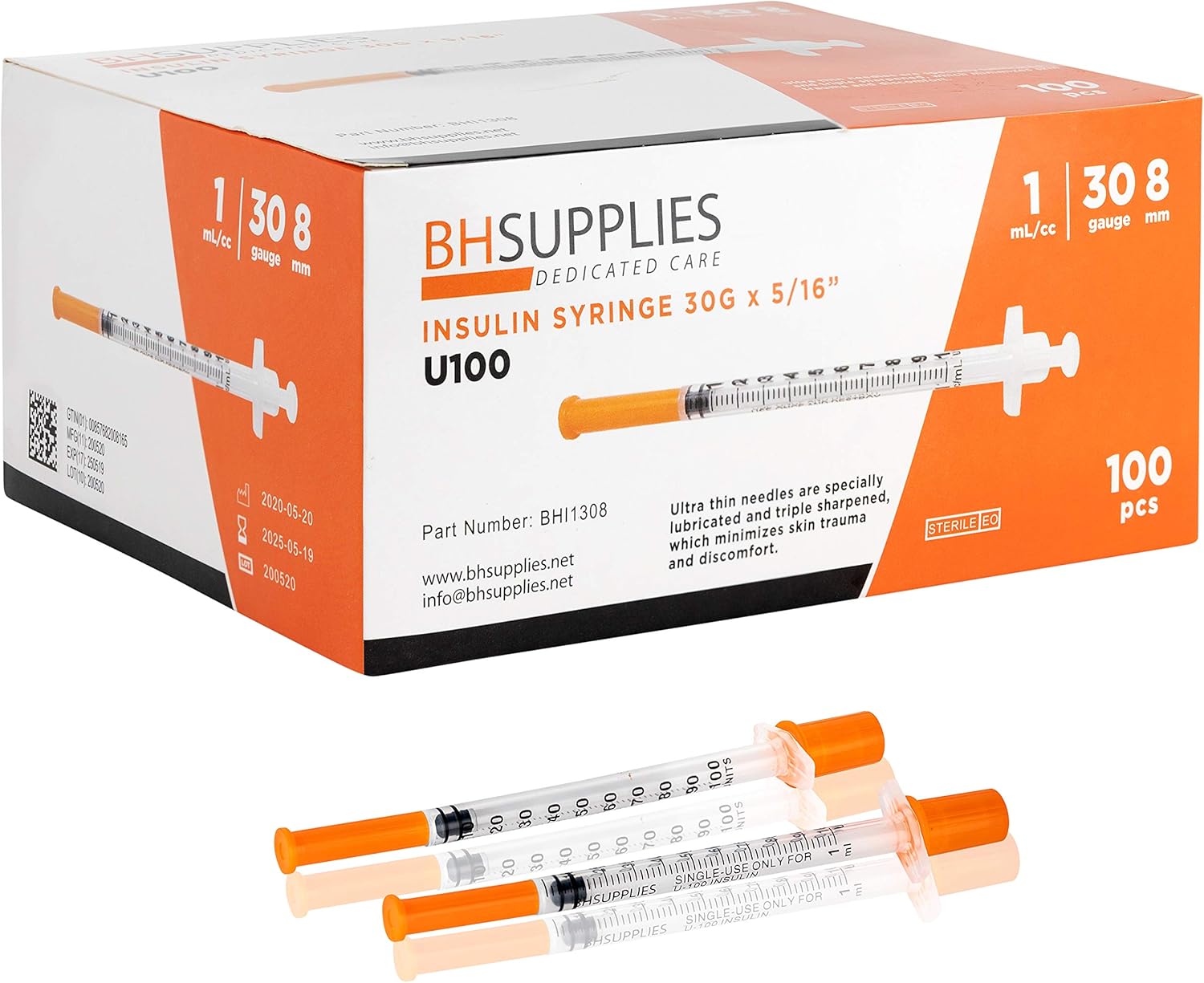 BH Supplies Insulin Syringes U-100 30G 1ml/cc 5/16" (8mm) Pack of 100 Pcs-0