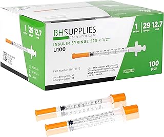 BH Supplies Insulin Syringes U-100 29G 1ml/cc 1/2" (12.7mm) Pack of 100 Pcs