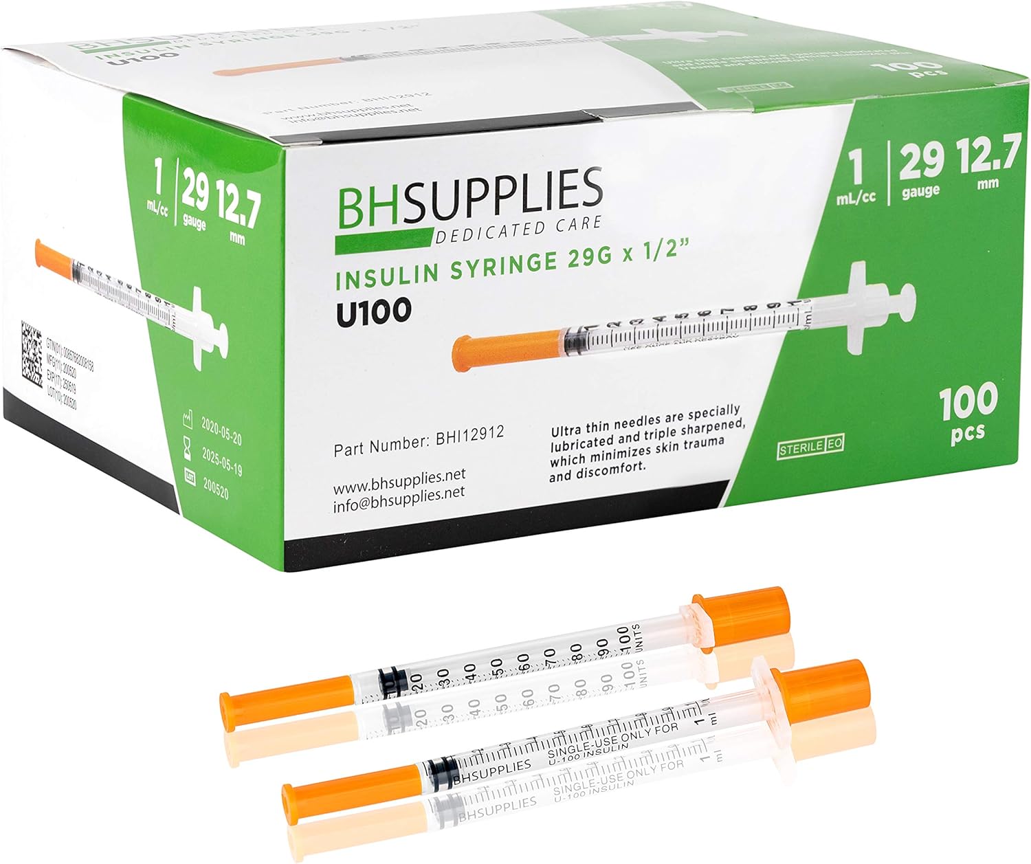 BH Supplies Insulin Syringes U-100 29G 1ml/cc 1/2" (12.7mm) Pack of 100 Pcs-0