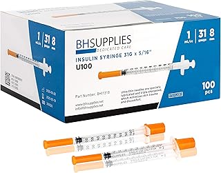 BH Supplies Insulin Syringes U-100 31G 1ml/cc 5/16" (8mm) Pack of 100 Pcs